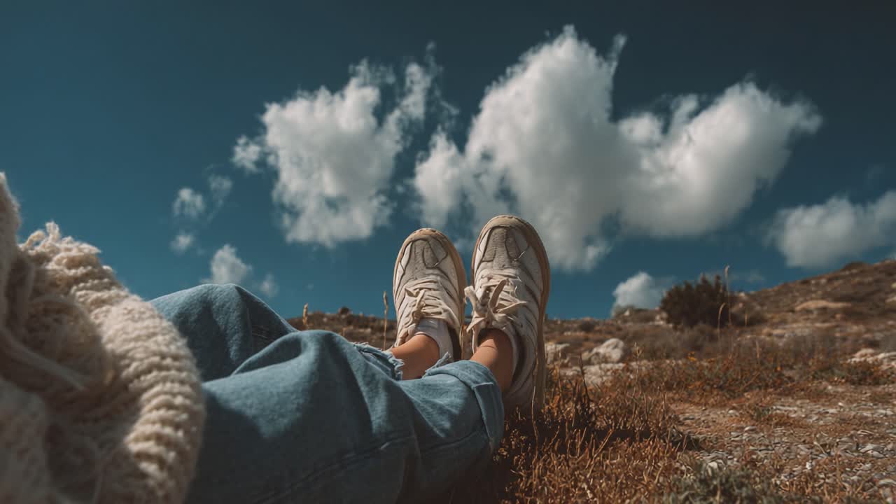 A Relaxing Moment of Solitude Under a Beautiful Sky with Soft Clouds: Enjoying Nature's Embrace While Sitting Comfortably on the Ground
