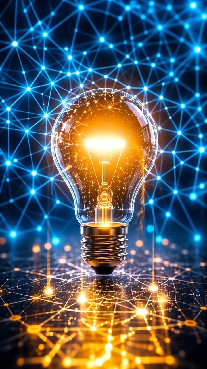 Golden Lightbulb Glowing Over Network. Filament Illuminated, Reflective Surface On Circuitlike Floor, Blue