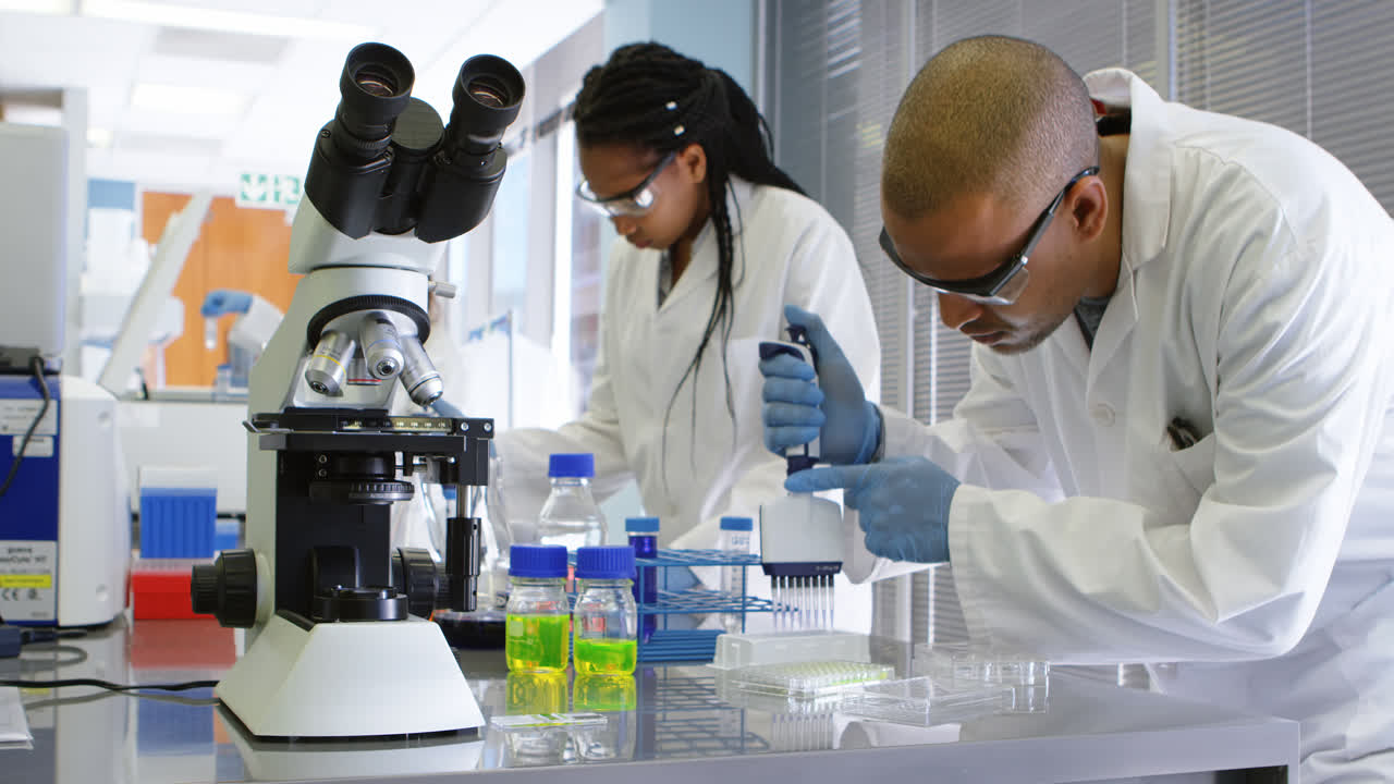 Team of scientists experimenting together 4k