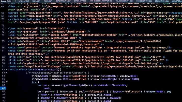 Developer is Browsing HTML Code on the Computer Screen. Front view. HTML Web Page Code Scrolling Programming, Abstract Technology Background for Software Developer, Computer Script Concept. Scene C.