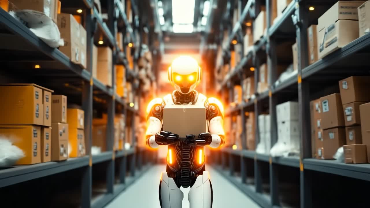 Robot with package in warehouse. A humanoid robot holds a package in a brightly lit warehouse filled with numerous cardboard boxes.