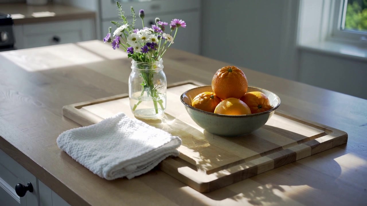 Showing table still life in kitchen catching sun, cloud passing and camera tightening, with jar