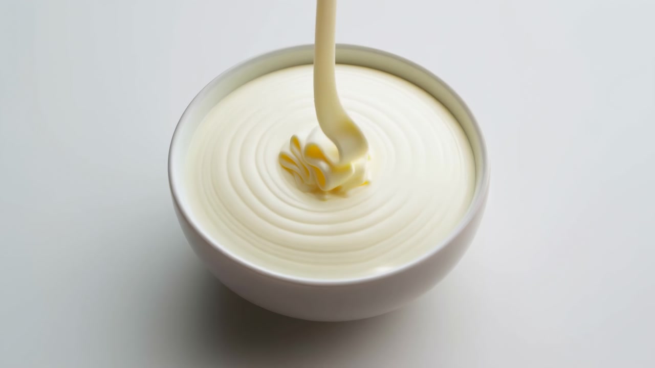 Primo piano in movimento mostra panna chiara che si versa in una ciotola di ceramica bianca, un flusso liscio e viscoso che si arriccia all'impatto, formando una cima piegata, leggere increspature, riflessi lucidi e un ambiente culinario pulito e minimale