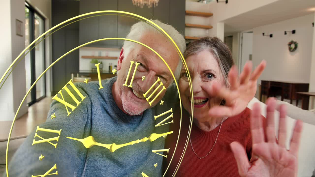 Seniors leaning, man reaching for selfie on couch, tech gold clock overlaying faces, marking moment