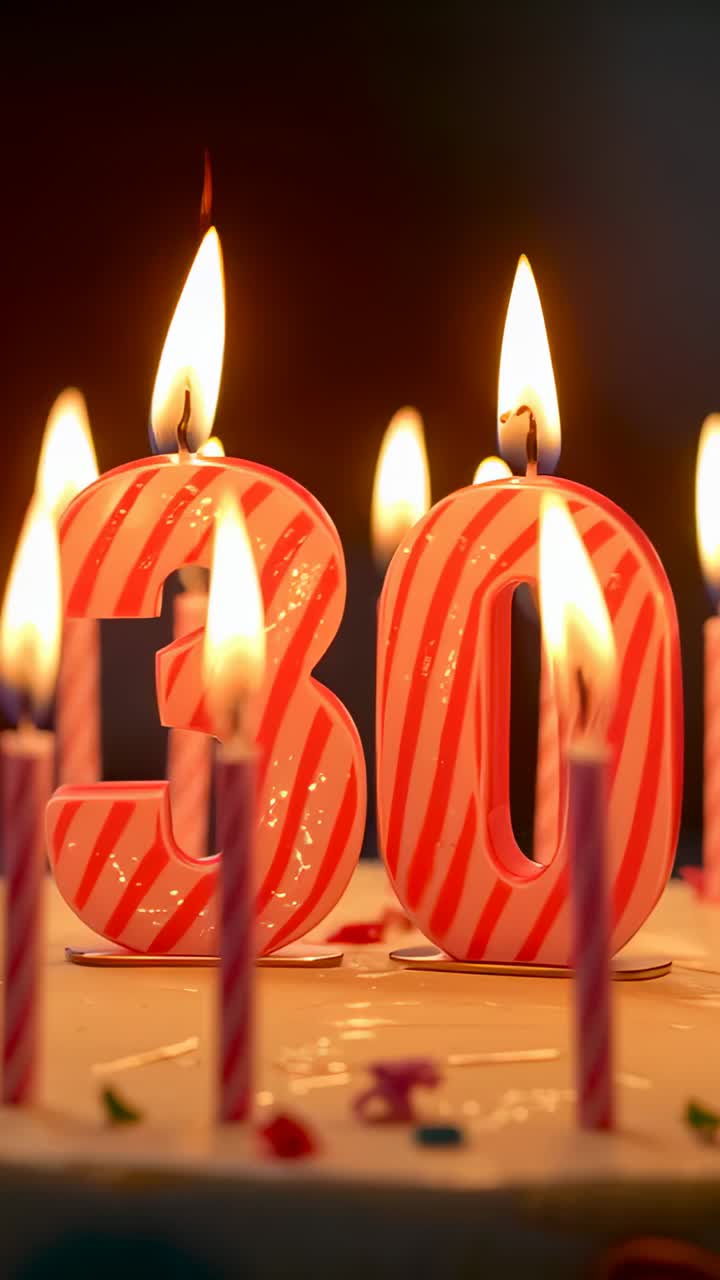 Vertical video: Flickering 30 candles melting wax after lighting on cake at dim table with tapers