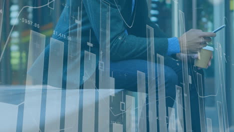 animation of financial data processing over caucasian businessman using smartphone
