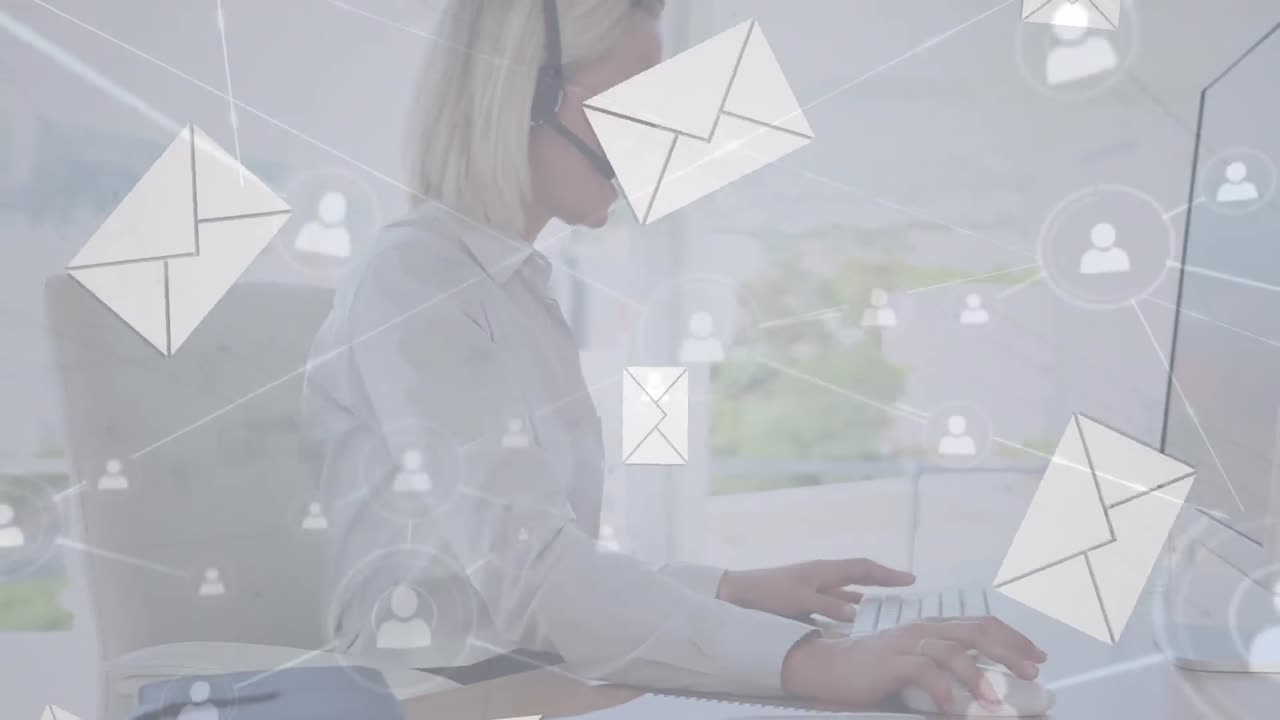 Animation of message icons falling over caucasian female customer care executive smiling at office