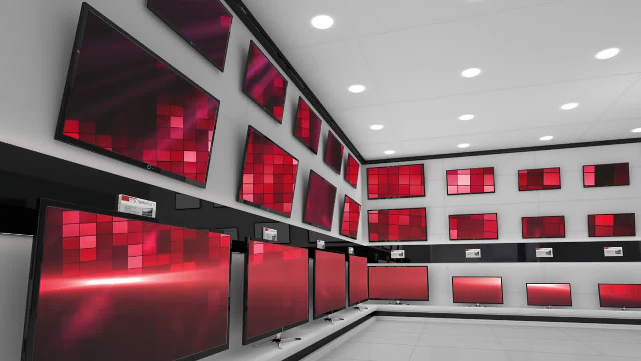 interior de una tienda de electrónica con video sincronizado que se reproduce en las pantallas de varios televisores