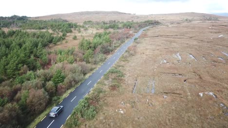 Vista-Aérea,-Paisaje-Irlandés-En-Connemara:-Carretera-Con-Un-Coche-De-Conducción,-Bosque-De-Abetos