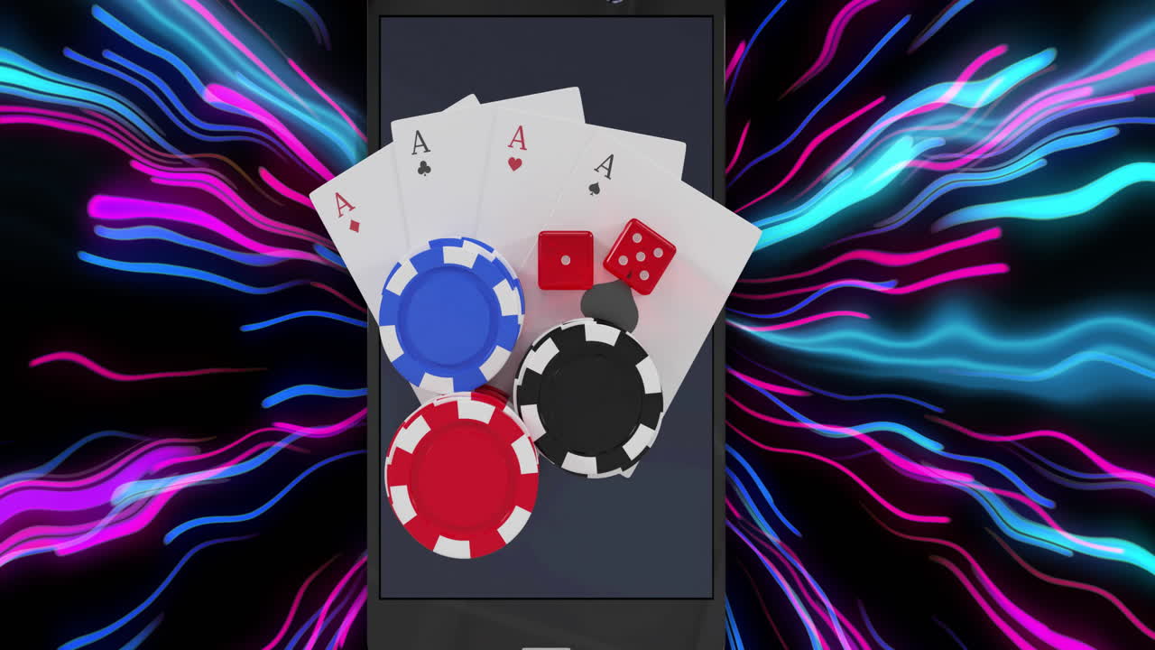 Animazione di carte, dadi e fiches su smartphone su forme al neon