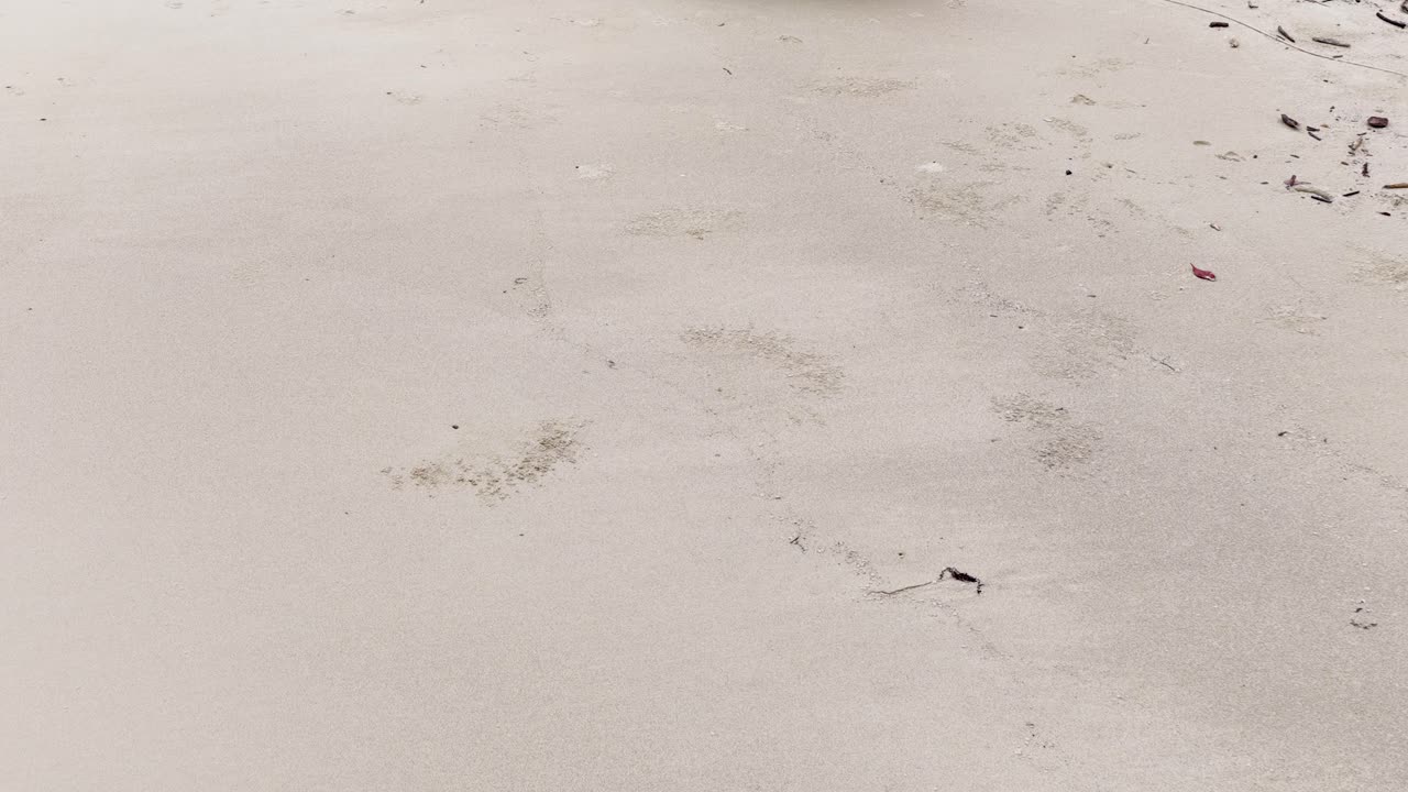 Small aluminum boat with outboard motor drifts off empty beach, overcast daylight, steady camera