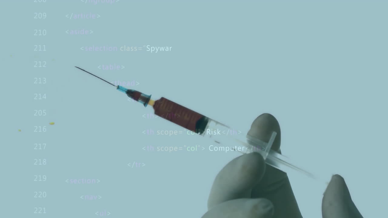Animation of scientific data processing over caucasian man holding syringe