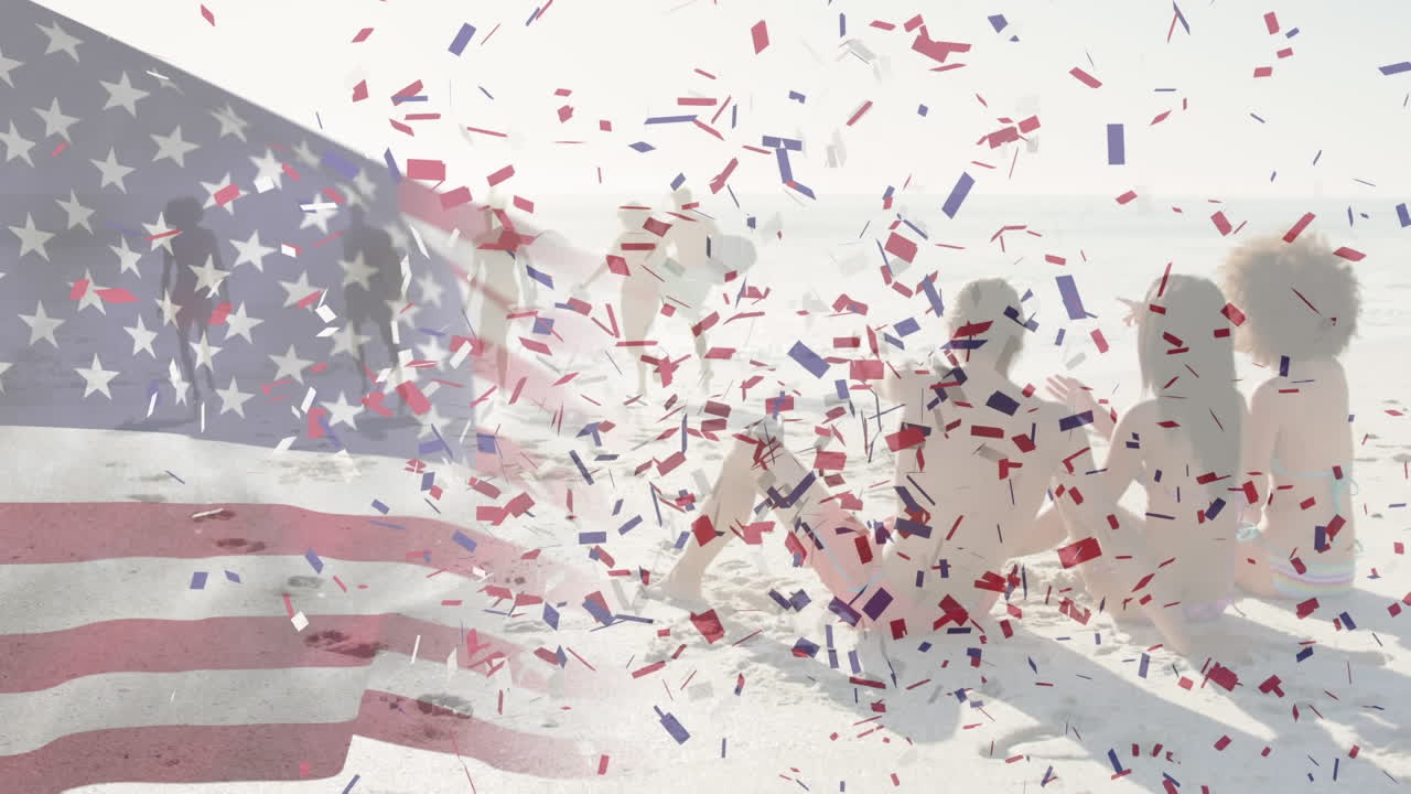 American flag waving and confetti falling against group of friends having fun at the beach