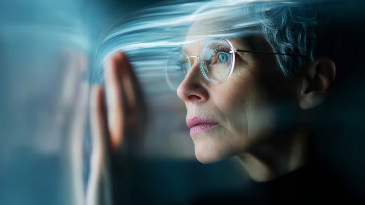 A contemplative woman gazes through a translucent surface, her thoughtful expression and stylish glasses capturing a moment of introspection and wonder amidst swirling reflections