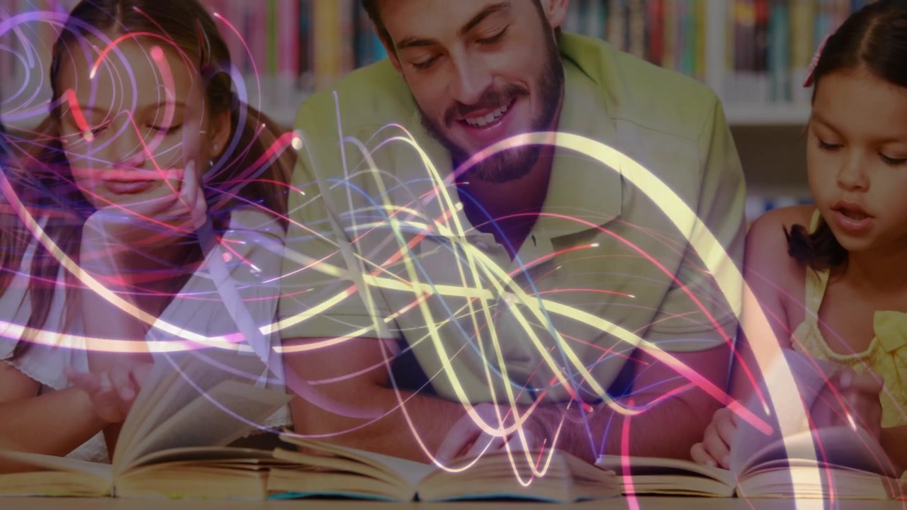 Uomo e ragazze che leggono libri con sovrapposizione digitale astratta