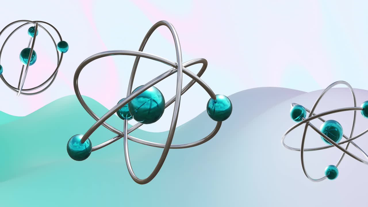 Animation of atoms moving over waving multi coloured background