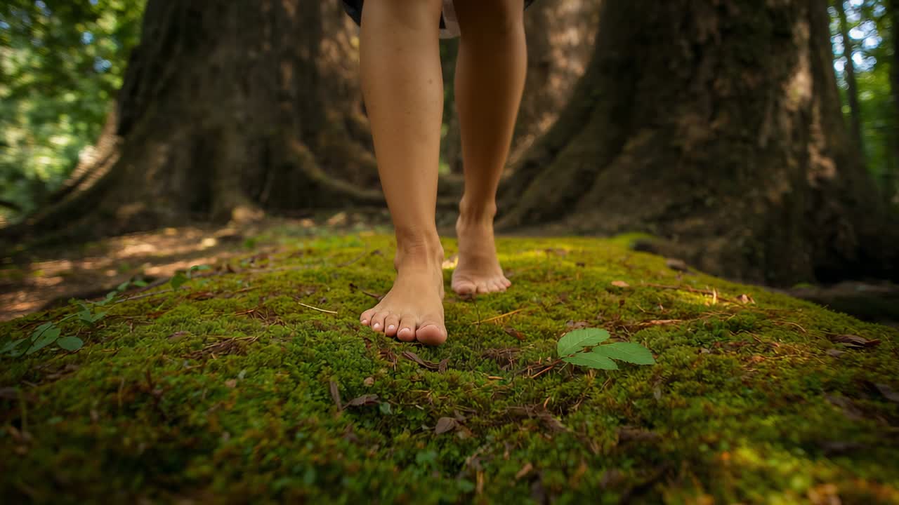 Walking barefoot woman touching moss with lead foot, advancing to cross mound with light dress hem