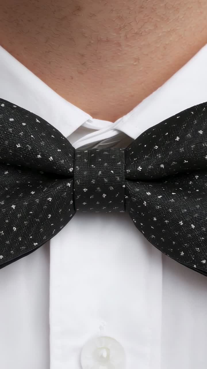 Video verticale: uomo che respira ripreso mentre tiene un papillon a fantasia nera centrato sul colletto della camicia