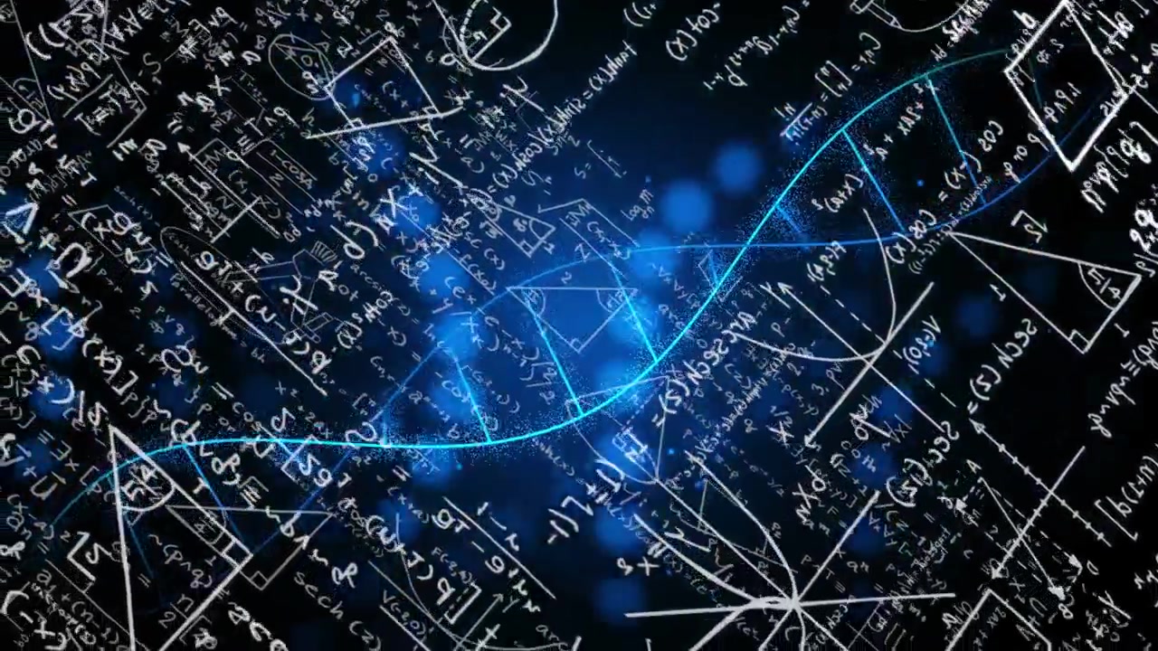 Una sottile linea blu appare, tracciando una sinusoide su una lavagna, mostrando formule matematiche e nodi pulsanti.