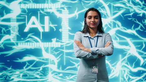 retrato de un empleado optimista trabajando con algoritmos de aprendizaje automático de ia