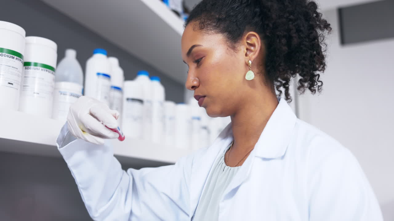 Scientist, woman and blood test tube in laboratory