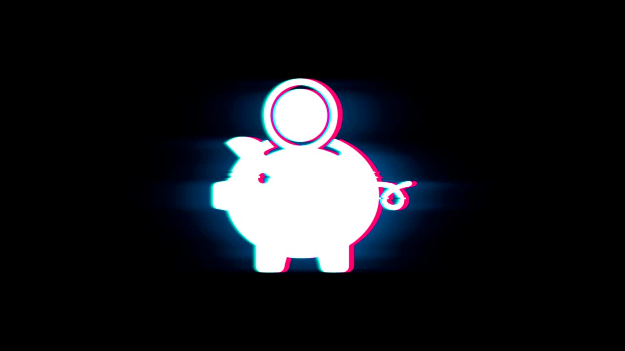 el símbolo del banco de cerdos ahorra dinero en la animación vintage retro de glitch.