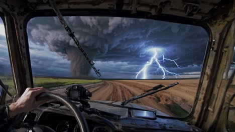 driver faces a powerful tornado