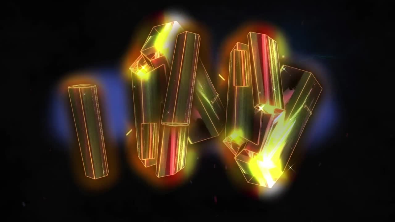 검은 바탕 에 떠다니는 빛나는 금색 금속 막대기 들 의 애니메이션