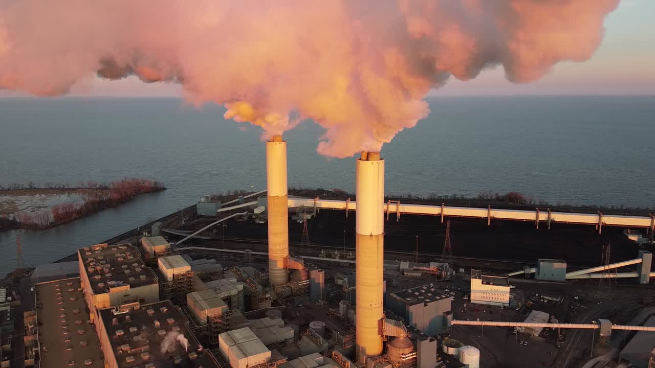 Industrial landscape. Plant emissions, environmen pollutions. Drone flying over