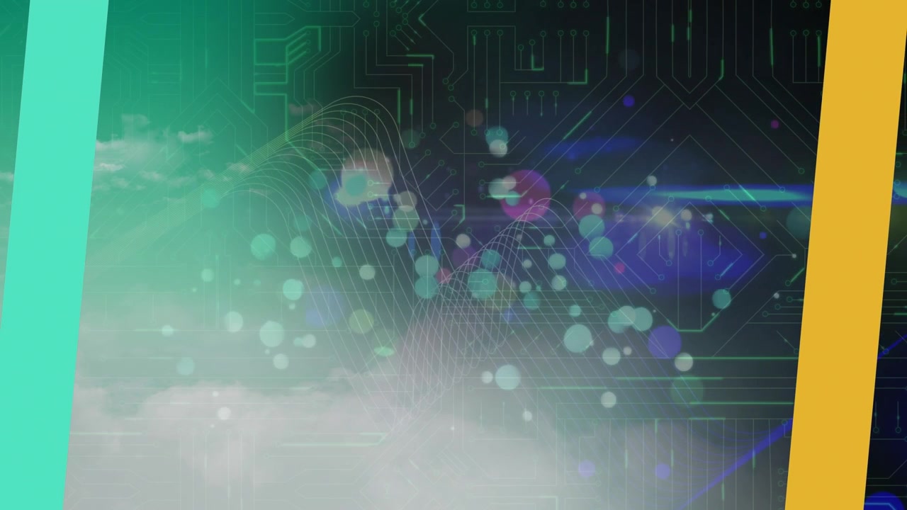 Animation of colorful stripes over glowing spots and computer circuit board