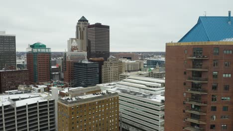 downtown des moines, iowa on cold winter day