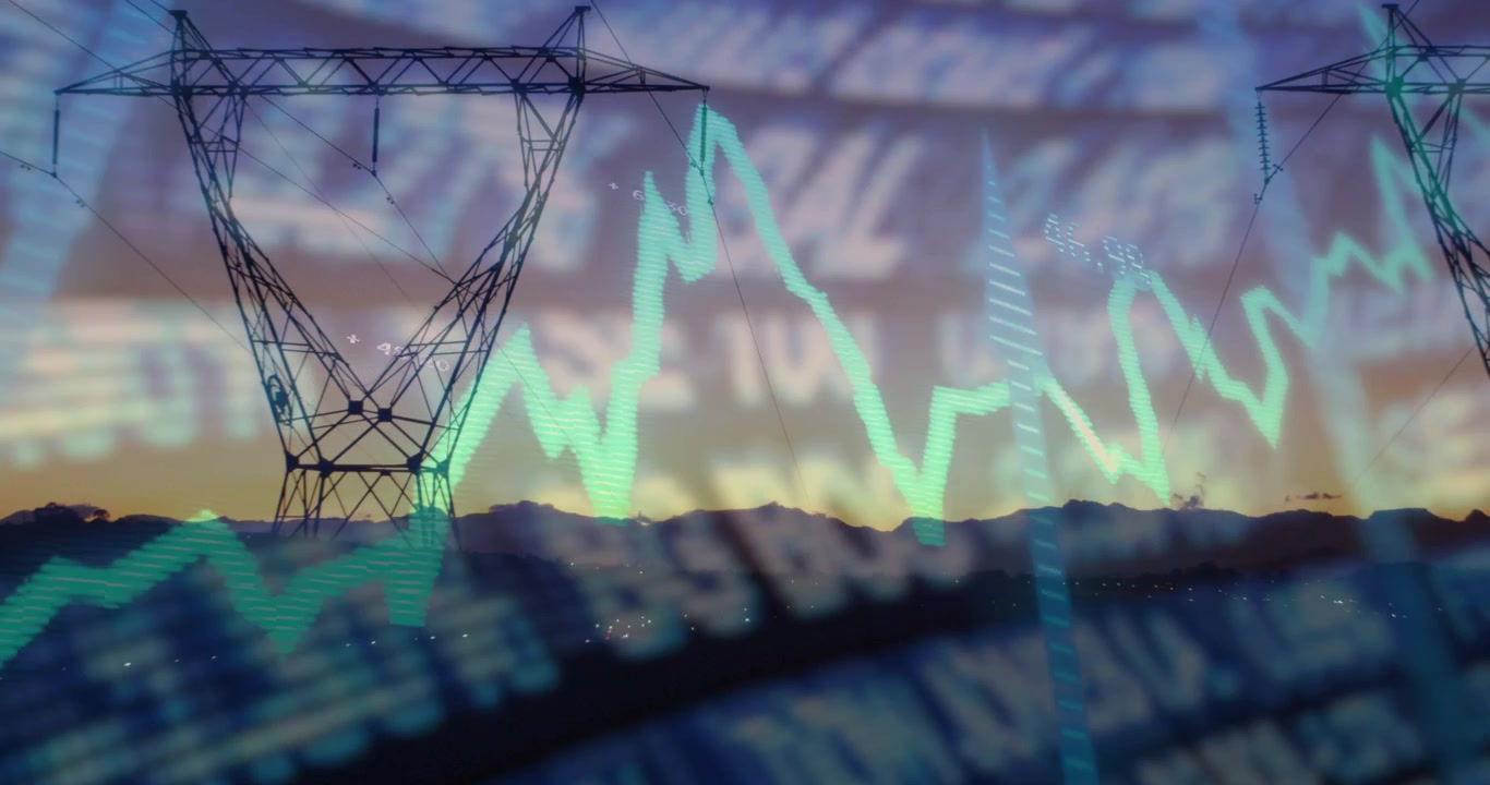 Ticker azul rolando iniciando, linha verde-azulada subindo e traçando rede de torres de energia, mostrando mudanças de energia