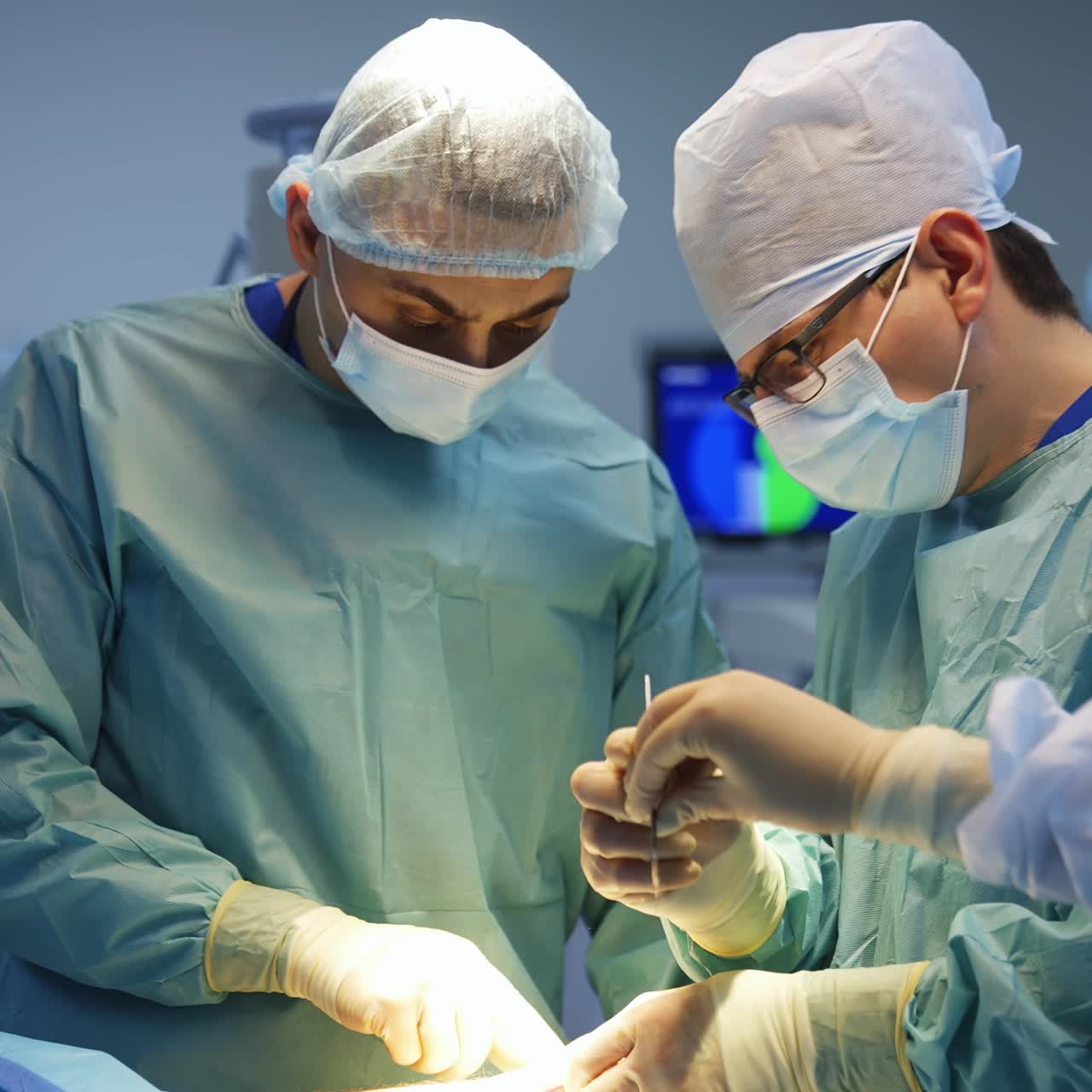 Surgeons and nurse in medical masks and uniform. Team of doctors performing a surgery in the operating room. Nurse gives sterile instruments during operation. Slow motion