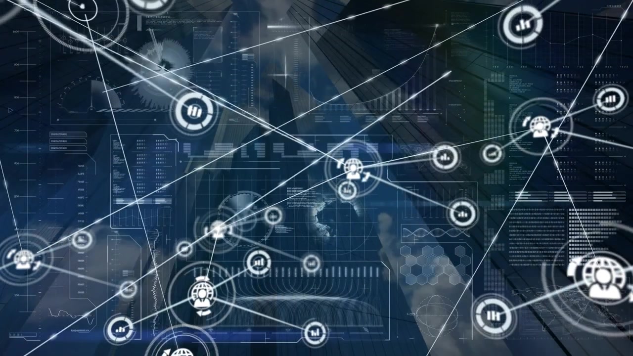 Animation of network of connections over data processing and cityscape