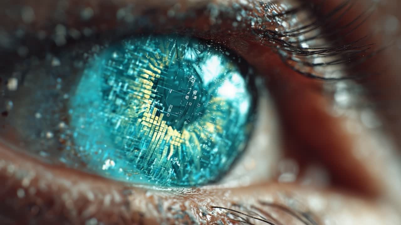 A Close-Up View of a Futuristic Eye Displaying Intricate Technology and Stunning Colors, Highlighting the Connection Between Humanity and Advancements in Digital Innovation