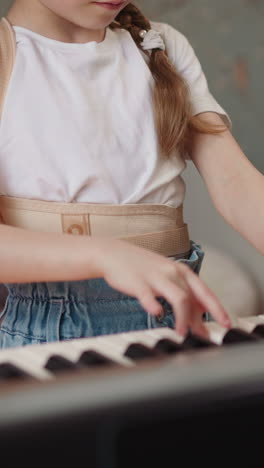 girl in orthopedic corset plays synthesizer expressively and lowers hands finishing composition. conscientious schoolgirl frowns looking at sheet music intently closeup