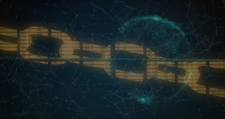 Security chain icon and network of connections over spinning globe against blue background