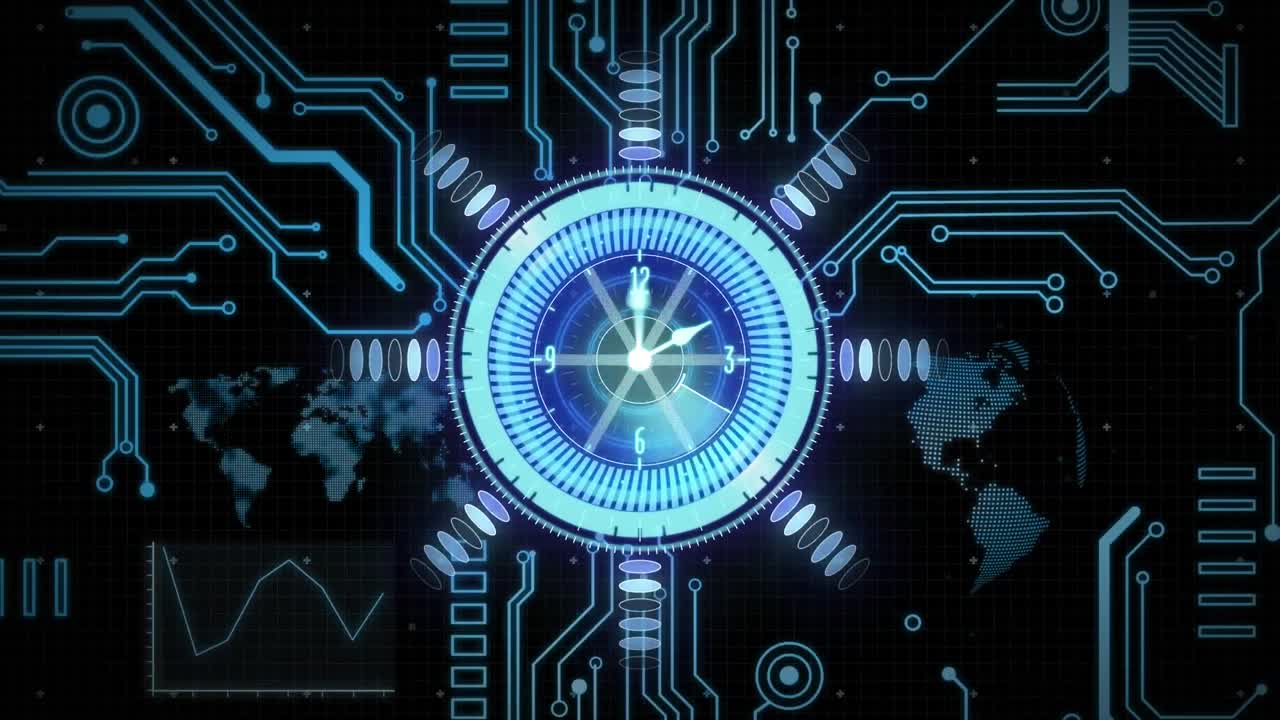 Animation of scope scanning with clock over digital interface on black background