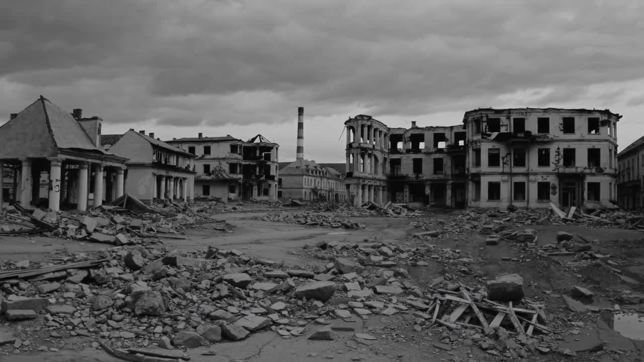 Urban scene reveals a devastated area with collapsing structures and scattered rubble, illustrating the stark reality of abandonment and decay in a powerful visual narrative