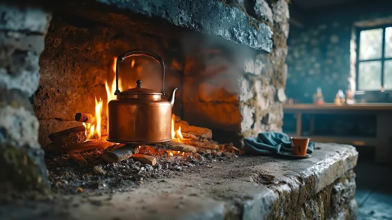 A copper kettle sitting on top of a fire in a fireplace