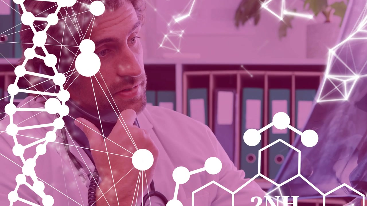 Doctor contestando el teléfono mientras estudia una radiografía para una consulta en la clínica, con una hélice de ADN y 2NH3 flotando.