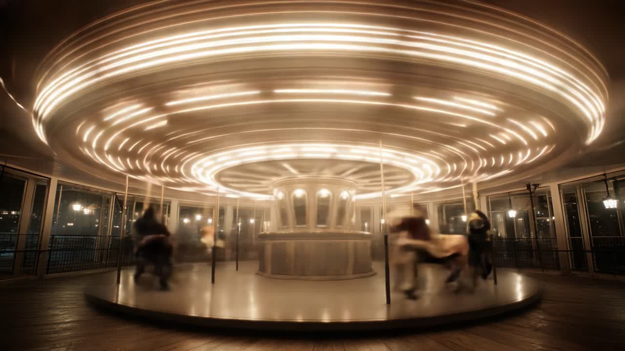 A Mesmerizing Carousel Captured in Motion, Showcasing Dynamic Lights and Graceful Horses in an Enchanted Atmosphere of Joy and Whimsy