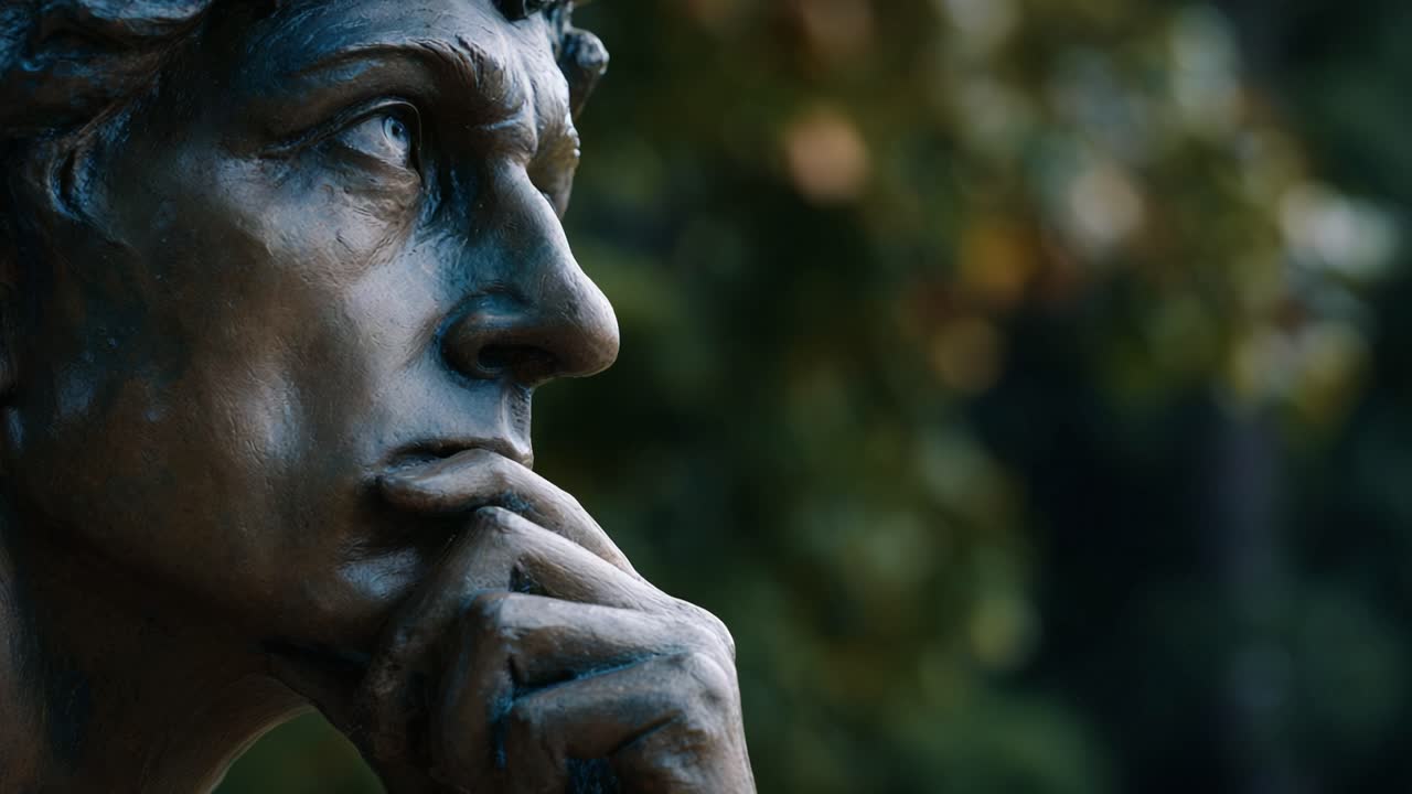 Thoughtful Sculpture: A Detailed View of a Pensive Bronze Figure Capturing the Essence of Contemplation and Reflection in an Artistic Outdoor Setting