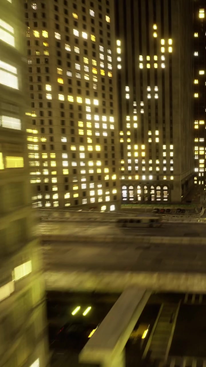 Luzes da cidade criam um desfoque em ambiente urbano à noite, vistas de um ponto elevado