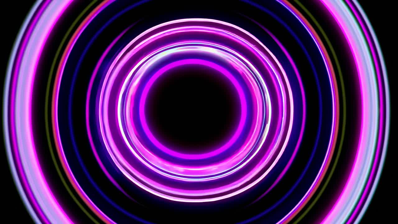 Vibrant neon circles in a tunnel effect, viewed from a central angle, creating a dynamic, futuristic