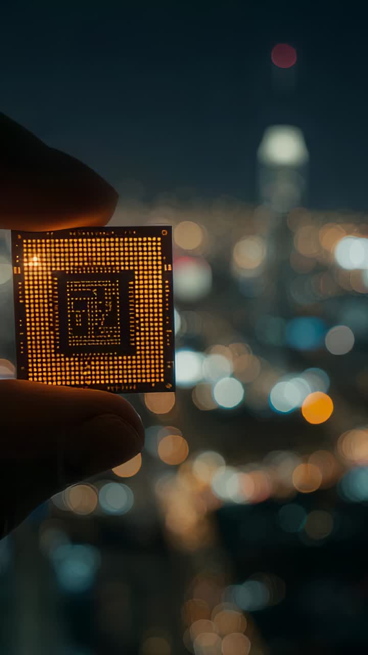 Vertical video: Holding fingertips showing chip toward skyline, city glow drawing focus, copy space