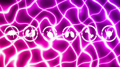 animation of multiple medical icons over glowing light trails against purple background