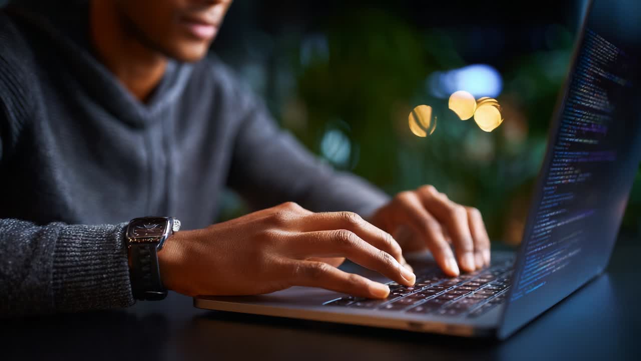 Focused individual engaged in coding or typing on a laptop, highlighting modern technology, work environment, and the intricate connection between humans and digital devices through the act of programming