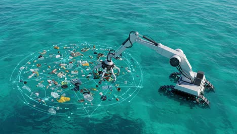 innovative robotic arm engaged in ocean cleanup: capturing plastic waste and marine debris from water surface with precision and efficiency