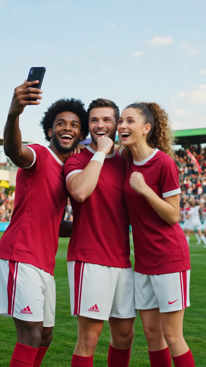 Three happy sports fans in red uniforms taking a selfie at a stadium